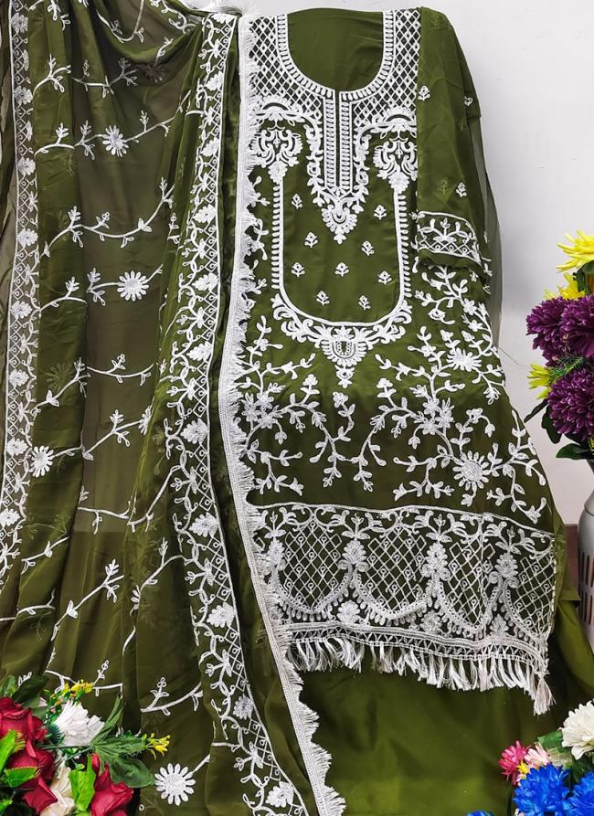 Georgette Mehendi Green Traditional Wear Embroidery Work Dress Material